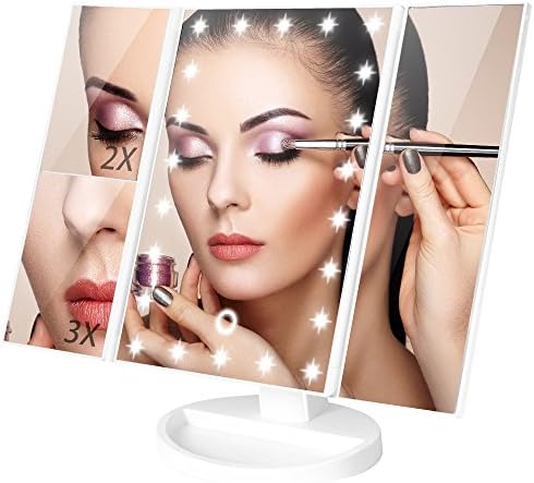 Minilabo Vanity Mirror Light Touch Trifold Dimmable Led Makeup Mirror with Magnifier Vanity Mirrors (2X /3X) 180°Rotatable Degree, 3Panel Vanity Mirror of Dual Recharge Ways (White)