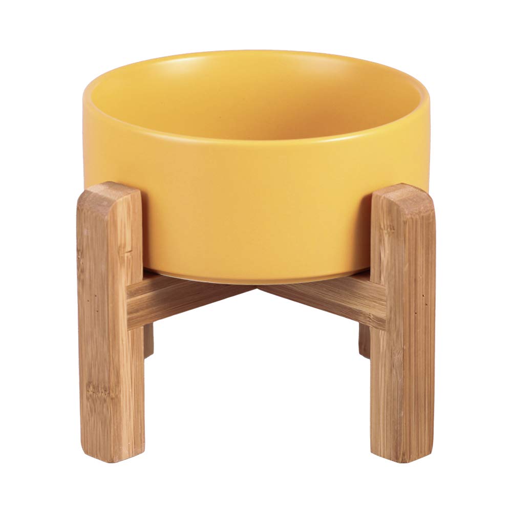Photo 1 of Yellow Ceramic Elevated Raised Cat Bowl with Wood Stand No Spill Pet Food Water Feeder Cats Small Dogs