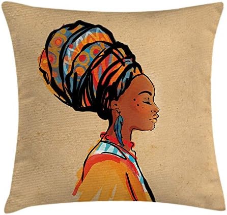 Easshorts Afro Decor Throw Pillow Cushion Cover, Ethnic Woman Exotic Feather Earring Scarf Zulu Hippie Artwork, Decorative Square Accent Pillow Case, 18 X 18 Inches, Caramel Merigold