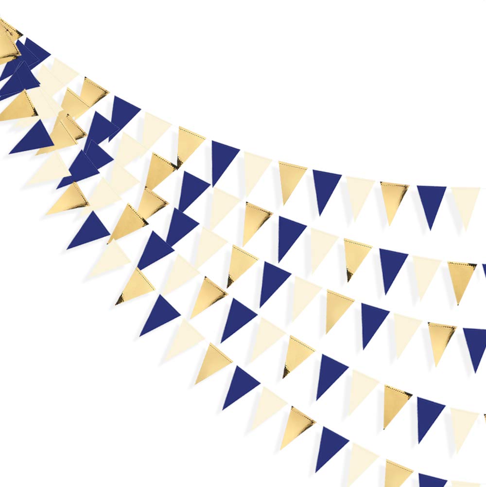 30 Ft Navy Blue Beige Gold Party Decorations Hanging Paper Triangle Flag Pennant Banner Bunting Garland for Bachelorette Engagement Wedding Birthday Bridal Shower Anniversary Hen Christmas Party Decor