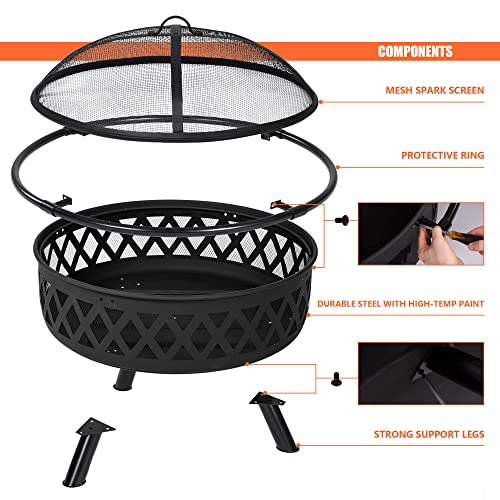 SUNCREAT 42” Patio Fire Pit Wood Burning with Mesh Spark Screen