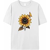 Graphic Womens T-Shirt Leopard Sunflower Butterfly Printed Cotton Top Short Sleeve XL White Basic Casual Tee