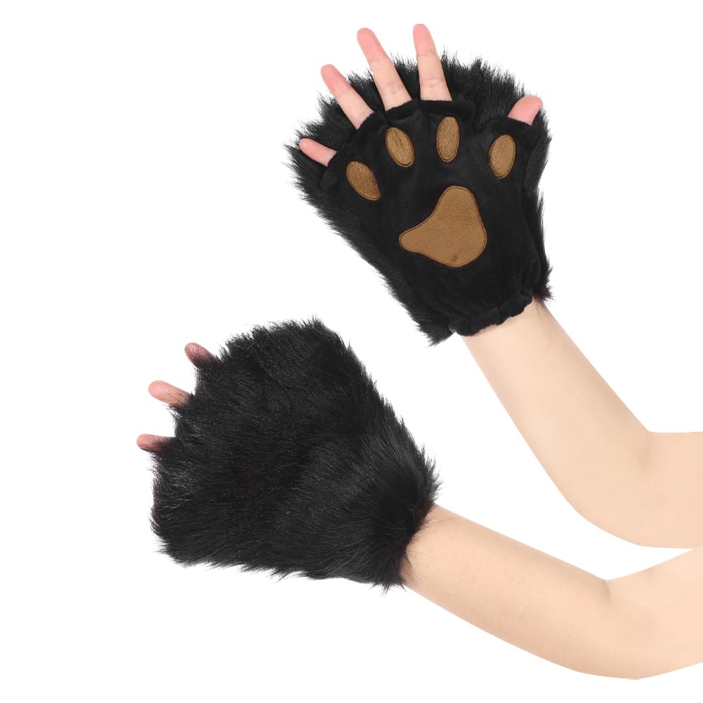 IBLUELOVER Faux Fur Plush Cat Paw Claw Gloves Fingerless Bear Wolf Paw Mittens Animal Hand Paws Halloween Cosplay Costume Party Props Animal Cosplay Fancy Dress Props