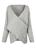 Joeoy Women's Gray Criss Cross Wrap Front V Neck Long Sleeve Knit Sweater Jumper