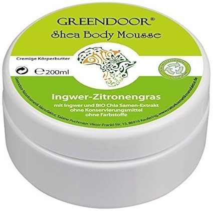 Körperbutter Greendoor Bodymousse Ingwer Zitronengras mit BIO Shea Butter, Body Butter natural 200ml, rein natürliche Inhalts