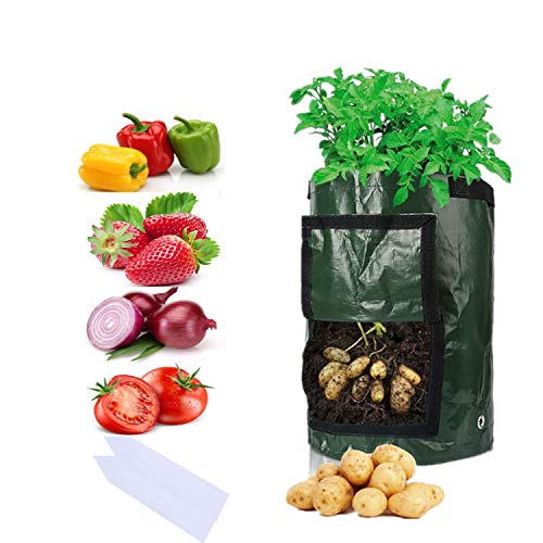 Sfee 2 Pack 7 Gallon Potato Grow Bags, PE Durable Aeration Pots Planters Bag with Handles Access Flap for Garden Farm Vegetable Carrot Onion Tomato Taro Radish Peanut +2 Waterproof Labels