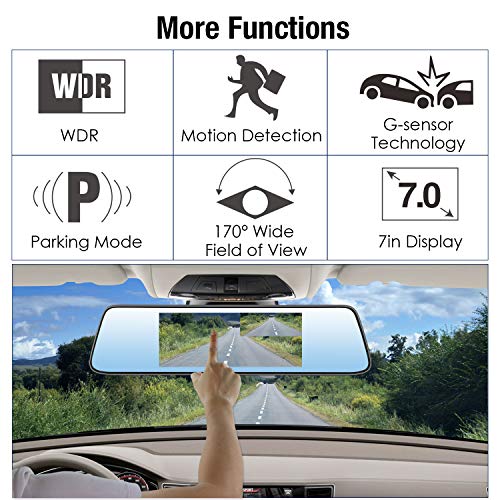 PUMPKIN Mirror Dash Cam Backup Camera 7” Touch Screen Dual Lens 1080P Front and 720P Rear with Rear View Camera, Night Vision, G-Sensor, Parking Monitor