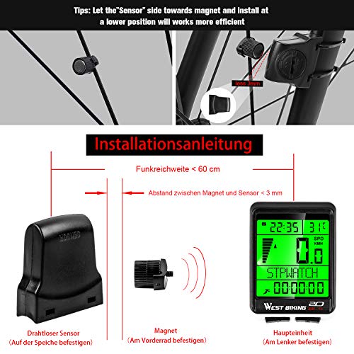 WESTGIRL Bicycle Computer, 5 Languages Bike Speedometer Odometer Wireless Waterproof, Multifunctional Cycle Computer LCD Backlight, Cycling Accessories