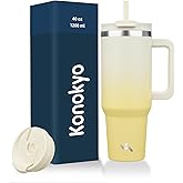 Konokyo 40 oz Tumbler with Handle and 2 Straws,2 in 1 Lid Insulated Water Bottle Stainless Steel Travel Coffee Mug,Lemon