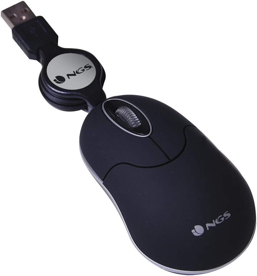 NGS SIN BLACK - 1000dpi Optical Mouse with Retractable USB Wire, Mouse for Computer or Laptop with 2 Boutons, Ambidextrous