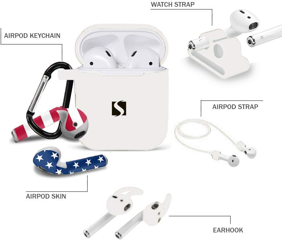Airpod 6 in 1 Bundle Including | Airpod Protective Case | Airpod Skin | Airpod Earhook | Anti-Loss Strap | Watch Holder ('Merica)