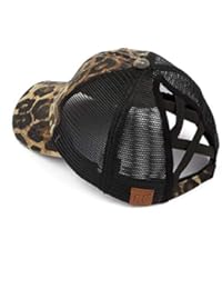 H-216-780-L06 Ponytail Messy Bun Trucker Ponycap (Mesh - Leopard w/Black Criss Cross Back)