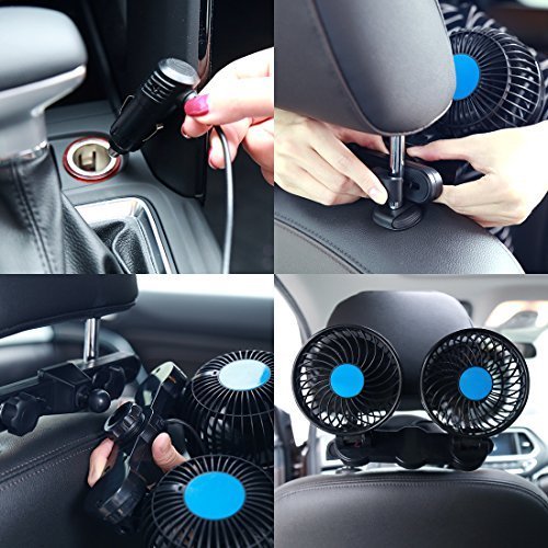 SUPAREE Car Fan, Electric Car Fan 12V DC 360º Rotation Design and 2 Speed Levels Change Summer Air Cooling for Rear Seat Passenger/Pets