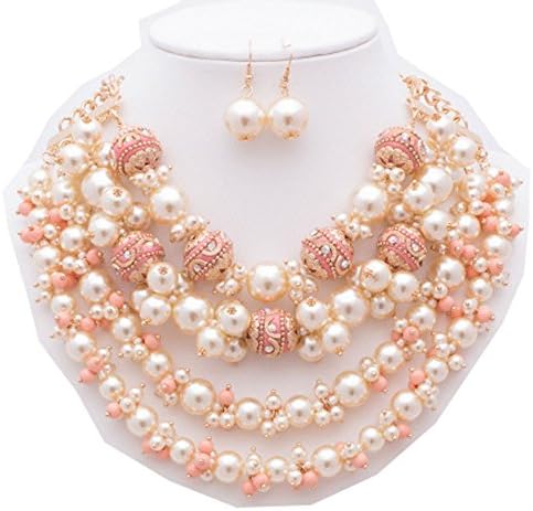 {CN0933 StyleNo1} WOMEN'S FASHIONABLE PEARL N COLORED BALL NECKLACE AND EARRINGS SET - Designed In USA (CREAM CORAL)