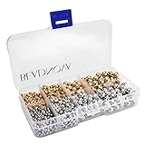 BEADNOVA 1200pcs Light Gold Plated/Rhodium Plated Brass Round Beads 3mm 4mm 6mm 8mm Free Plastic Container Box for Jewelry Making