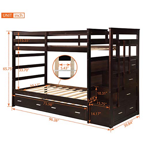 Wood Bunk Bed for Kids, Twin Over Twin Bunk Bed Frame with Trundle and Staircase, Espresso Finish