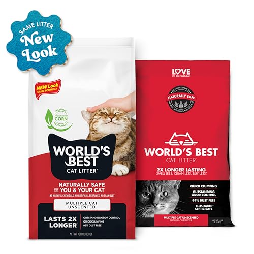 WORLD’S BEST CAT LITTER MULTIPLE CAT UNSCENTED, 15-POUNDS – NATURAL INGREDIENTS, QUICK CLUMPING, FLUSHABLE, 99% DUST FREE & MADE IN USA – LONG-LASTING ODOR CONTROL & EASY SCOOPING