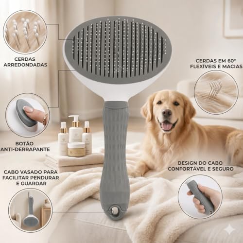 Escova Pet Removedora de Pelos para Cães e Gatos Autolimpante com Cerdas Flexíveis Resistentes e Cabo Anatômico (Cinza)