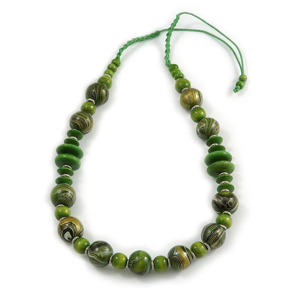 Avalaya Lime Green Wood Bead Grass Green Cotton Cord Necklace - 80cm Max Length - Adjustable