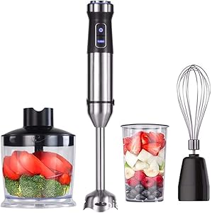 Hand blender - 4 in 1 hand blender 1100W 500 ml Food processor 800 ml Blender for glasses Food blender in 304 stainless steel Silver blades and sticks (JJ-0928TT) - 3 year Silve warranty