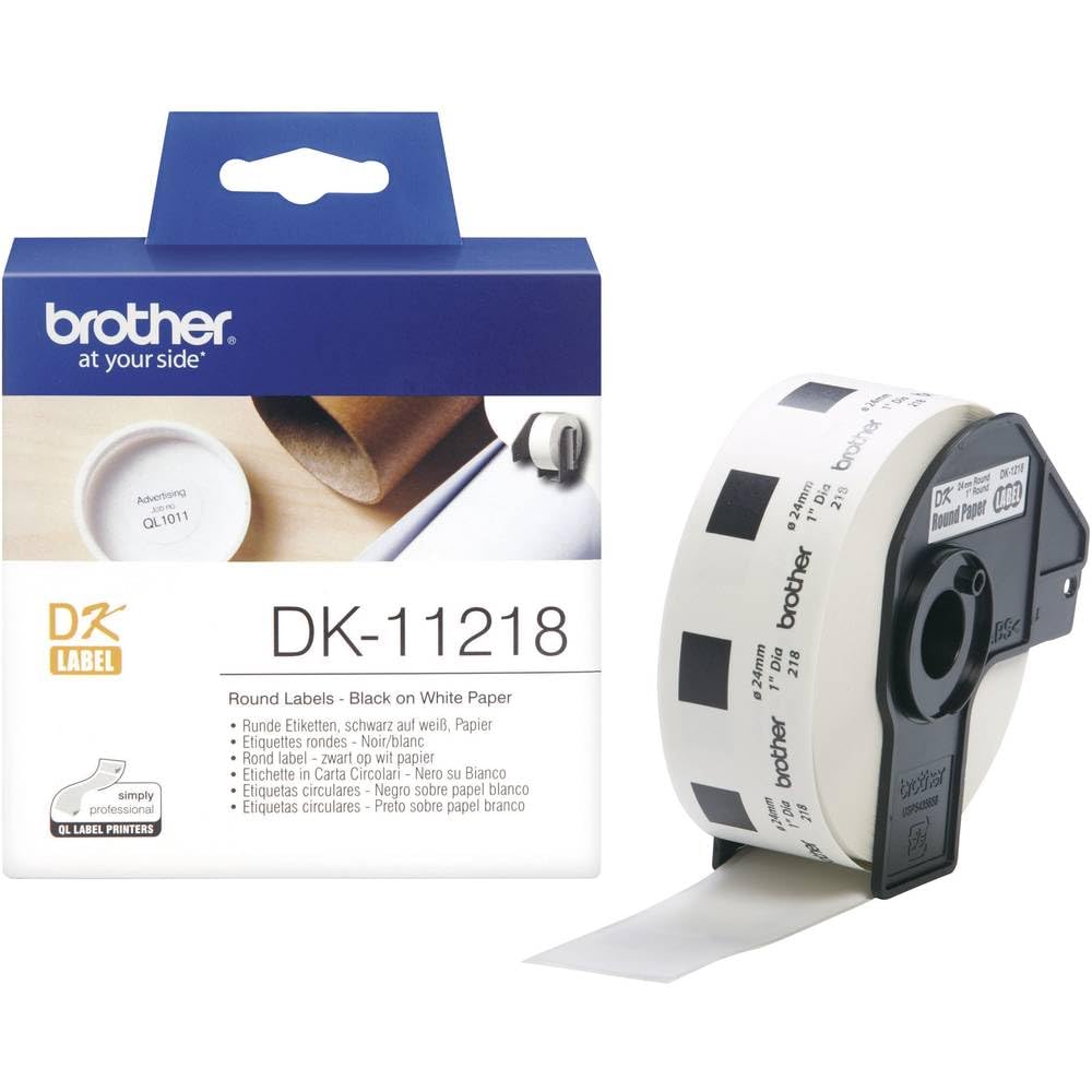 Brother DK-11218 Label Roll, Round Labels, Black on White, 1000 Labels, 24 mm, Brother Genuine Supplies