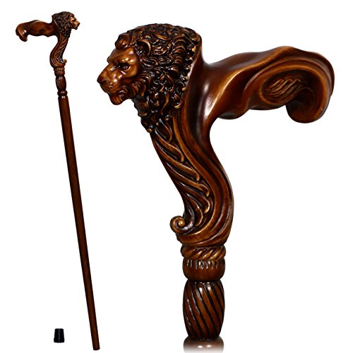 GC-Artis Lion Head Wood Carved Walking Stick Ergonomic Palm Grip Handle 36â€ Wooden Walking Cane for Men Women
