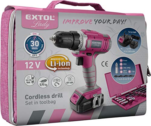 EXTOL Lady Akkuschrauber pink, 12V Li-Ion, 1300mAh, mit Transporttasche inkl. Zubehör von 6 Bits (Längsschlitz, PH und… – Bild 3