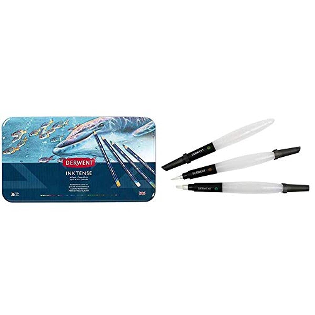 Derwent Inktense Watercolour Pencils Tin (Set of 36) with Derwent Waterbrush Multi-Pack (Pack of 3)