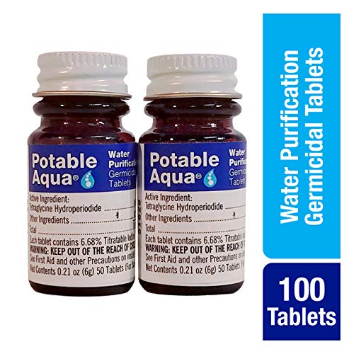 Potable Aqua Water Purification Treatment - Portable Drinking Water Treatment for Camping, Emergency Preparedness, Hurricanes, Storms, Survival, and Travel (100 Tablets)