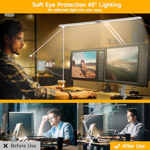SKYLEO LED Desk Lamp, Dual Head Desk Lamp with Clip, with Remote Control, 2400 LM, 5 Color Temperature Modes, Home Desk Lamp, 24W, White