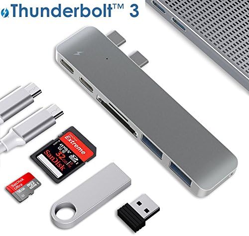 Type C USB Hub, ALLEASA N28A 6 in 1 Aluminum USB-C Adapter with 40Gbs Thunderbolt 3 Charge,USB-C Data Transfer,2 USB3.0, SD/Micro/TF Card Reader for 13”&amp;15” MacBook Pro 2016/2017 Plug and Play (Gray)