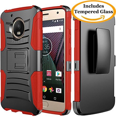 Moto G5 Plus Case, JATEM [Belt Clip] Rugged Hybrid Dual Layer Kickstand Holster Combo + Tempered Glass Screen Protector (Black/Red)