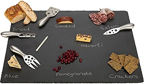 Large Slate Cheese Board and Stainless Steel Cutlery Set 12" x 16" - Includes 4 Knives Plus a Soap Stone Chalk, Perfect Cheese Platter Slate Board, Wine and Cheese Serving Board Wisconsin Brie Swiss