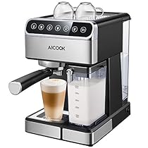 Aicook Cafetera, Cafetera Espresso 15 Bares Capacidad 1.8L Espumador de Leche para Cappuccino y Latte Filtro Doble removible y Control Tactil, Negro