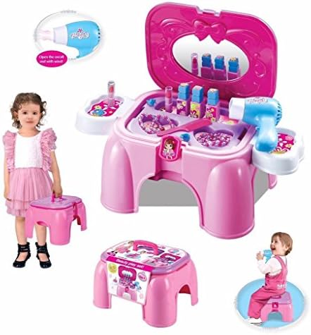 TanMan Little Princess' Make Up Kit Play Set Including Working Hair Dryer , Nail Paints, Comb , Lip Sticks, Ring , and a Stool for Storing & Sitting