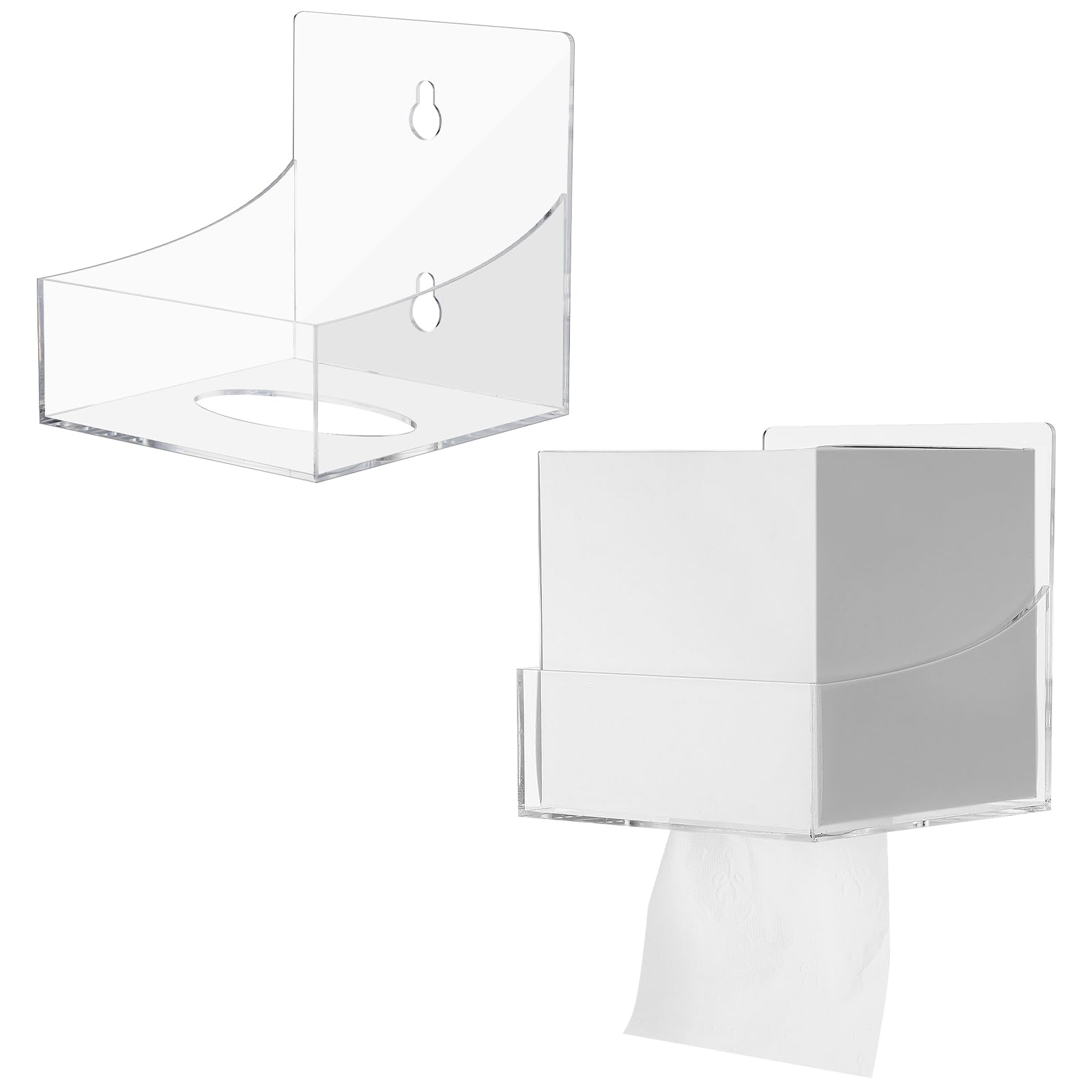 Photo 1 of Geelin 2 Pcs Tissue Box Holder Wall Mount Acrylic Dispenses Tissue Box Shelf Gloves Wipes Paper Napkins Organizer Upward or Downward for Kitchen Bathroom Office Rv (Clear)