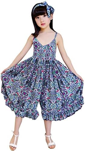 Girl's Vintage Floral Spaghetti Long Boho Romper Jumpsuit Culottes Dress, Blue, 9-10 Years
