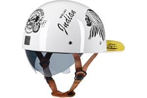 Woljay Vintage Retro Open Face Motorcycle Helmet Baseball Cap Half Helmets with pull-down Lens for Men Women Moped Cap Jet Scooter Street Cruiser - DOT Certified (Indian-White,X-Large)