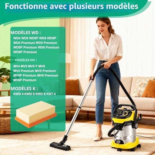 YeeQo Karcher Vacuum Cleaner Filter Set of 4 Suitable for Karcher WD4 WD5 WD6 / MV4 MV5 MV6 Wet and Dry Vacuum Cleaner Flat Pleated Filter Compatible with Karcher 2.863-005.0 with Cleaning Brush