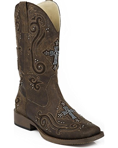 Roper Women's Crystal Cross Square Toe Boot, Brown, 9 M