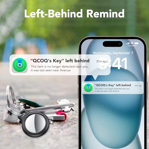 QCOQ Air Tracker Tags-4 Pack | Bluetooth Trackers Work with Apple Find My (iOS Only) with Mini Protective Case/Keychain/Lanyard, Item Finders for Luggage/Key/Suitcases, Replaceable Battery, Black
