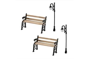Kopida 1.29 Inch Miniature Park Bench and 2.8 Inch Miniature Street Lamp, Mini Bench Fairy Garden Chairs Set for DIY Crafts, Dollhouse Ornament