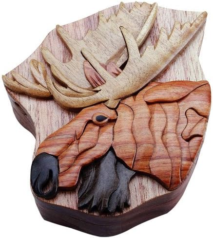 Handmade Wooden Intarsia TRICK SECRET Moose head Puzzle Box