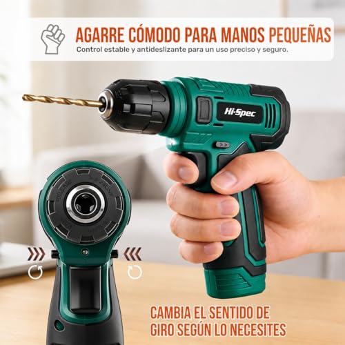 Hi-Spec Cordless Drill Driver 8V USB Rechargeable with Household Tool Set Compact Case with Drill Bits Hammer Tips Pliers Accessories DIY Furniture Assembly Green