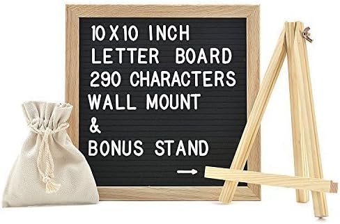 Best Felt Letter Board Sign Set with 290 Letters - 10 x 10 inches - Create Custom Messages - Changeable Black Felt with White Letters - Oak Wood Framed - FREE Canvas Bag and Canvas Stand