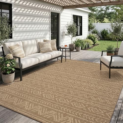 Outdoor Rug-Patio Rug Boho 5x7 ft Polypropylene Indoor Outdoor Rug for Porch Balcony Patio Outdoor Area Rug Easy Clean Non Slip Durable Outdoor Carpet Brown