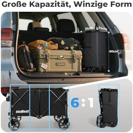 XXL Bollerwagen Faltbar 220L 200KG, Faltbarer Bollerwagen mit Bremsen, Getränkehalter Verstellbarem Griff Klappbollerwagen mit All Terrain Rädern Für Camping Outdoor Garten Shopping