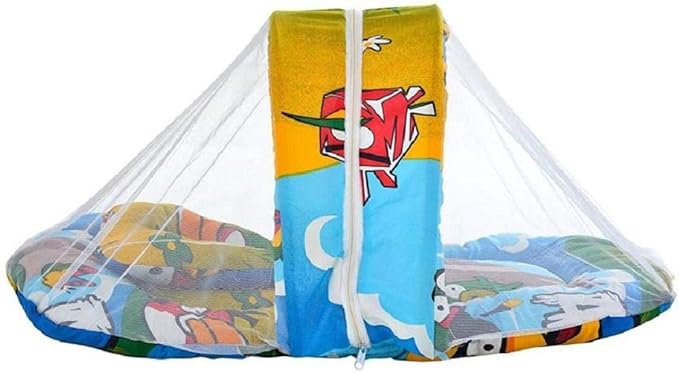 THD (Tuteja Home Decor) Cartoon Print Baby Bedding Set Thick Base, Foldable Mattress, Plain Frill Pillow and Both Side Zip Closure Mosquito Net (12-18 Months)