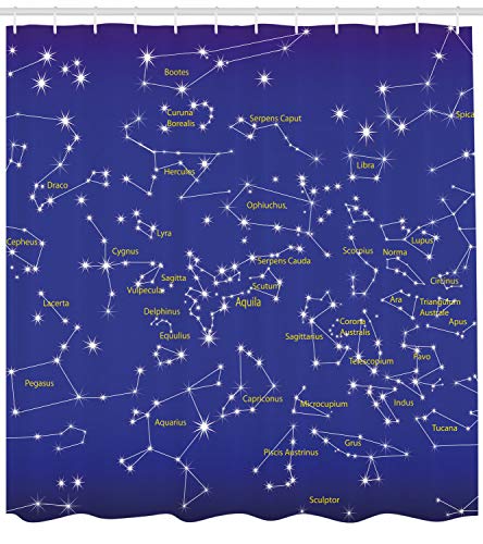 Ambesonne Constellation Shower Curtain, Astronomy Science Names of Stars Zodiac Signs Night Sky, Cloth Fabric Bathroom Decor Set with Hooks, 69" W x 70" L, Pale Yellow Violet Blue