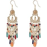 Long Beaded Tassel Earrings Native Bohemian Statement Beaded Fringe Drop Earrings Tribal Boho Seed Bead Chandelier Dangle Earring for Women Traditional Jhumki Jhumki Valentine Jewelry Gift Birthday